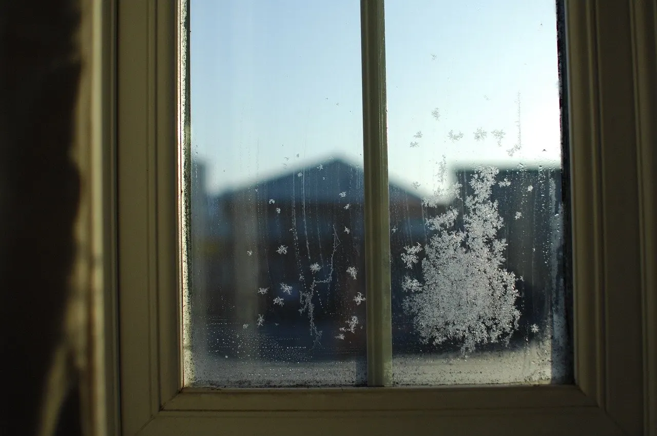 Fenster von innen mit Kondenswasserspuren, dunklen Flecken am Scheibenrand und Eisblumen auf dem Glas, dahinter unscharf ein Hausdach vor blauem Himmel